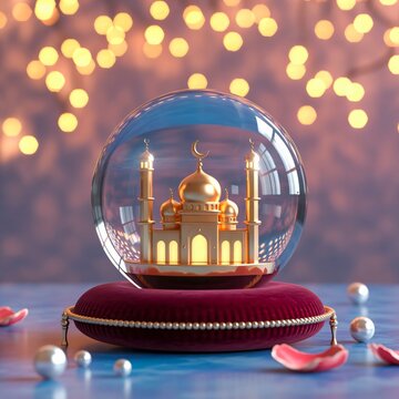 Golden Miniature Masjid Inside a Glass Globe