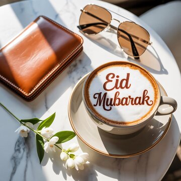 A cup of cappuccino with "EID MUBARAK" latte art on the foam. Elegant Coffee Art and Luxury Accessories