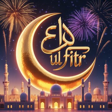Golden Crescent and Fireworks Over a Majestic Mosque