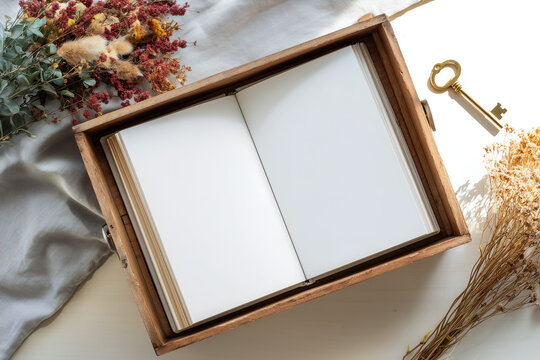 Top view of an open book with blank pages in a wooden tray with dried flowers and a vintage key