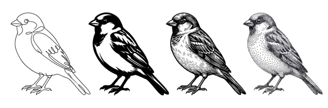 Four sparrow bird illustrations in different artistic styles including minimalist continuous line art, high contrast stencil, classic engraving, and detailed stippling dotwork