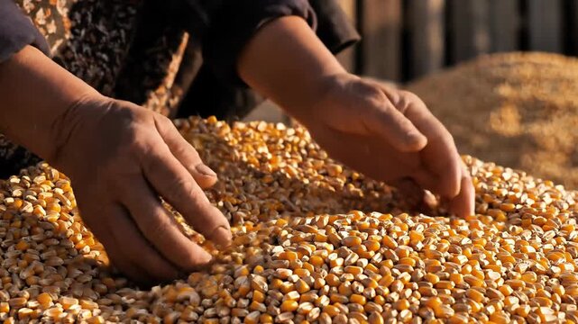 Farmer's Hands Sifting Dried Corn Kernels in Warm Sunlight