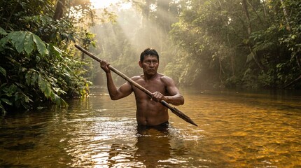 Indigenous Brazilian warrior hunting in the Amazon River with spear, dramatic water splashes and visible fish, vibrant rainforest, epic cinematic action scene, cultural heritage and nature.