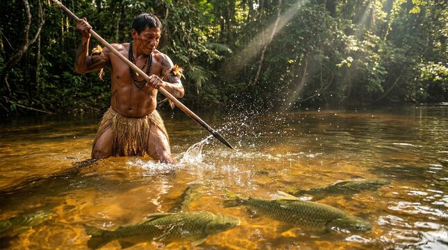 Indigenous Brazilian warrior hunting in the Amazon River with spear, dramatic water splashes and visible fish, vibrant rainforest, epic cinematic action scene, cultural heritage and nature.