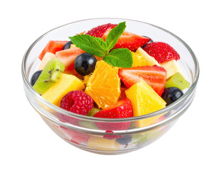 Fresh fruit salad mix in glass bowl with transparent background