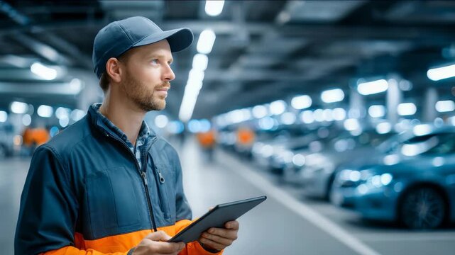 A professional parking attendant uses a tablet to oversee vehicles in a well lit, contemporary underground garage. The scene highlights technology integration and modern parking management solutions