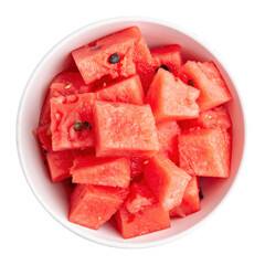 Watermelon cubes in white bowl with transparent background
