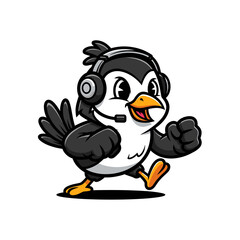 Obraz premium Cute cartoon penguin wearing a headset with a microphone.