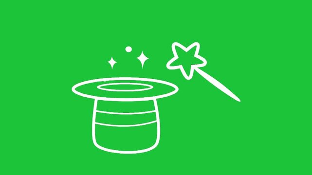 Magic wand and hat animation with sparkles simple hand drawn doodle style on green background fantasy concept loopable video