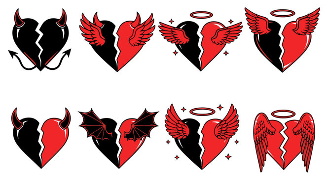 A set of heart-shaped devil and angel icons in red and black colors, symbolizing good and evil, love and temptation, on a white background.