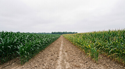 Fototapeta premium Rustic journey through verdant cornfields, a clear dirt path marking the vibrant divide between lush green growth and sun-kissed golden harvest