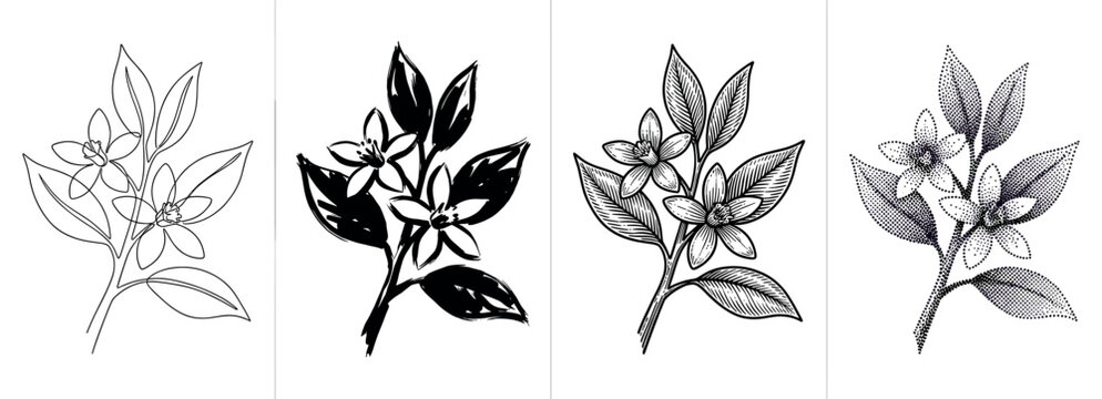 Four black ink drawings of an orange blossom branch presented in a variety of artistic styles from minimalist line art and bold brushwork to detailed engraving and dotwork