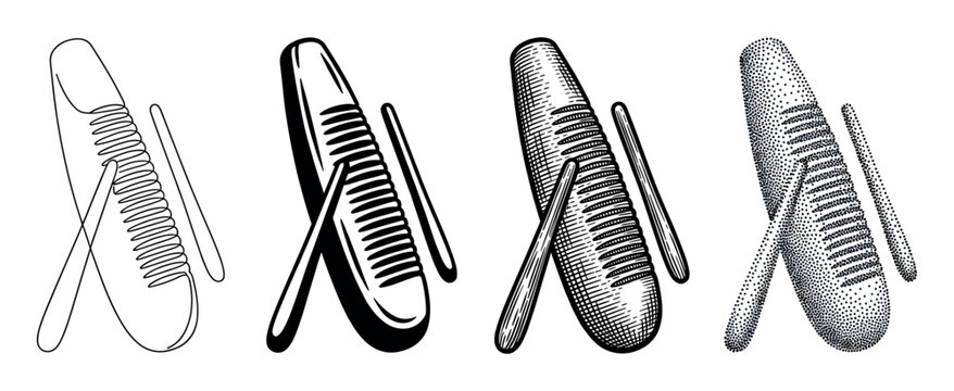 Set of four g&uuml;iro musical instruments with scrapers illustrated in different artistic styles including line art, silhouette, vintage engraving, and stippling dotwork