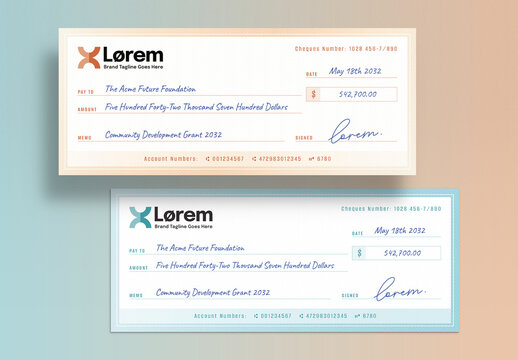 Blank Bank Check Check / Cheque Payment Slip Template for Business Banking & Charity Donation Checks