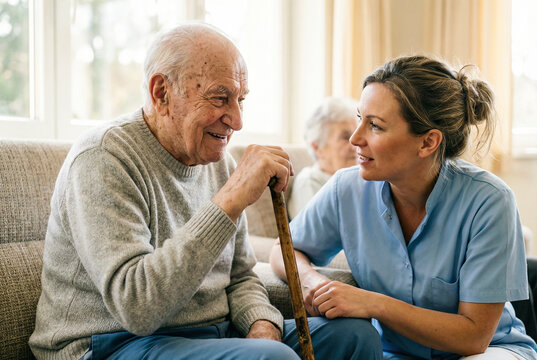 Nurse talking with elderly man holding walking cane in nursing home living room senior support