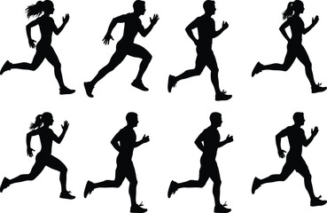 Obraz premium Diverse silhouettes of runners in various dynamic running postures.