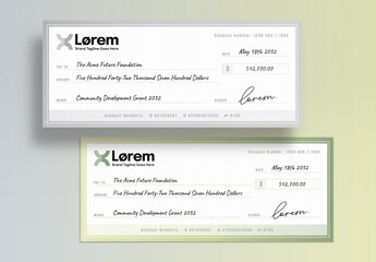 Blank Bank Check Check / Cheque Payment Slip Template for Business Banking & Charity Donation Checks