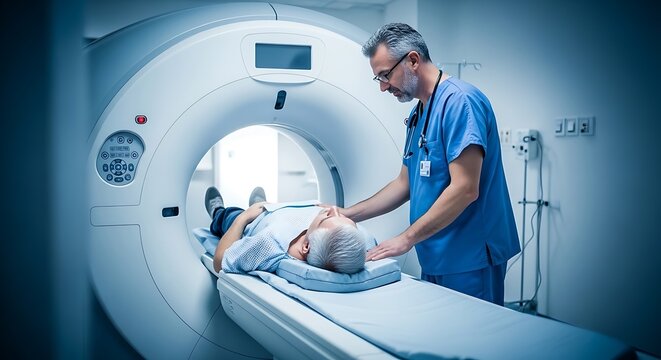 A medical professional assists a patient lying on a CT scan table in a modern hospital radiology department.