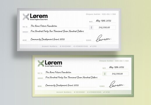 Blank Bank Check Check / Cheque Payment Slip Template for Business Banking & Charity Donation Checks
