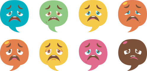 Fototapeta premium A set of eight colorful emoticon faces with speech bubbles expressing various negative emotions on white background