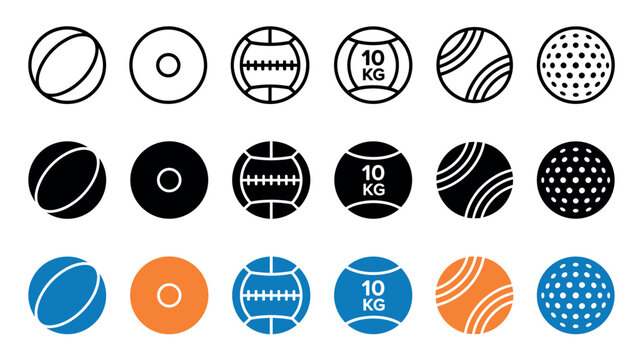 Collection of sports ball icons in line, glyph, and color styles for fitness and recreation concepts, including medicine ball, volleyball, and golf ball designs for graphic use