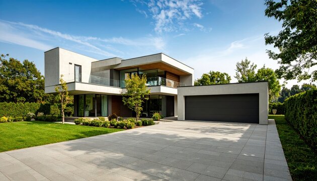 Large white modern house with double garage and large windows on sunny day