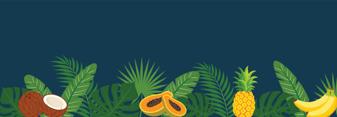 Tropical Fruit Jungle Banner with Pineapple Banana Coconut and Palm Leaves on Dark Blue Background © Urska