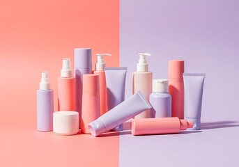 Collection of pink and purple cosmetic products on a twotone background
