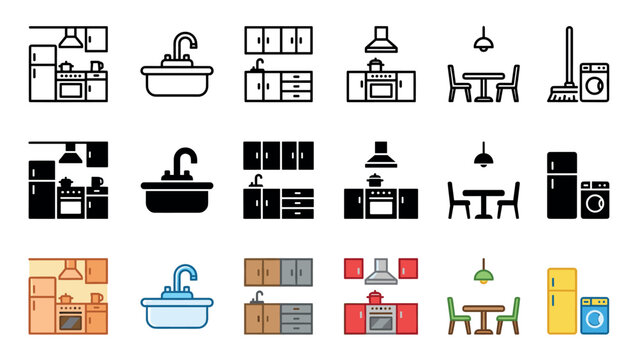 Set of household and kitchen furniture icons including a sink, stove, refrigerator, and dining table, shown in outline, silhouette, and colorful illustration styles