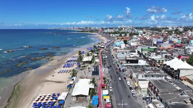 Jaguaribe Beach In Salvador In Bahia Brazil. Summer Landscape. Beach Cityscape. Tropical Skyline. Jaguaribe Beach In Bahia Brazil. Nature Scenery. Paradisiac Seascape.