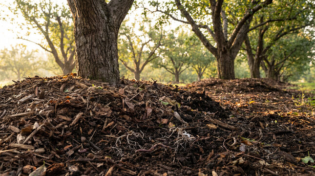 Golden light paints a verdant orchard scene, highlighting a rich organic mulch pile teeming with life around a strong tree trunk, as morning awakens