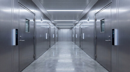 Naklejka premium Futuristic silver passageway unfolds with a rhythmic line of secure doors, each gleaming panel guarding advanced environments
