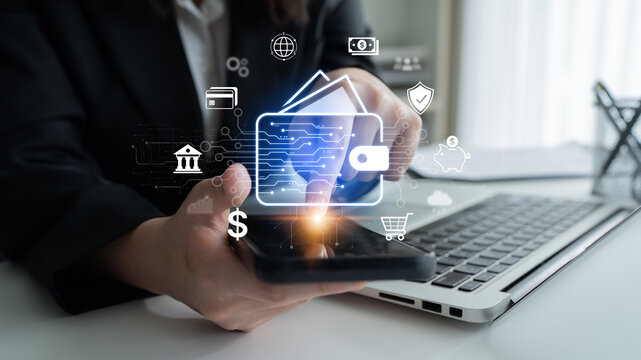 Modern mobile banking concept featuring secure digital wallet interface, contactless NFC payment, and money transfer. Represents safe user financial buy transactions in a cashless society. Corpus
