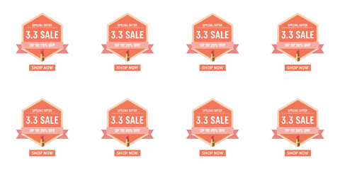 Fototapeta premium A set of eight identical red sale badges arranged in two rows on a white background