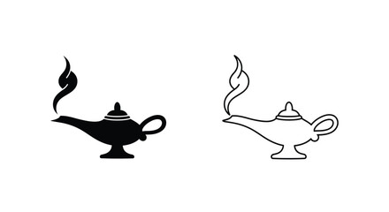Two magic lamp icons one filled one outline black and white silhouette © MDRAYHAN