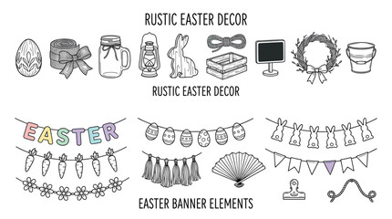 Large collection of hand-drawn Easter decorations and banner elements in a rustic doodle style, including eggs, bunnies, wreaths, garlands, and other festive holiday items