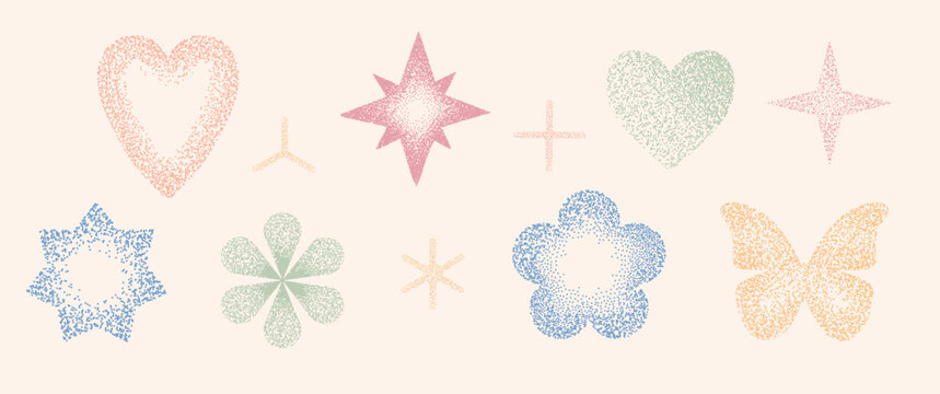Pastel stipple texture vector set with grainy heart, star, flower and butterfly shapes on beige background. Soft dotwork Y2K icons with noise gradient effect for stickers, prints and boho design.