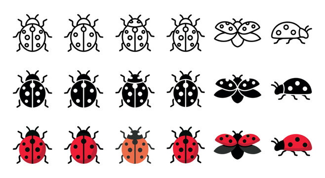 Collection of ladybug icons in various styles including outline, silhouette, and full color, illustrating the insect from top-down, side, and flying perspectives