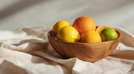 Wooden bowl filled with various fruits. the bowl is placed on a white cloth with a light beige background. the fruits in the bowl include oranges, lemons, and limes.