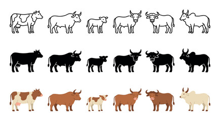 Diverse collection of cattle illustrations showing cows, bulls, zebu, and buffalo in three distinct graphic styles: outline, silhouette, and full color flat design