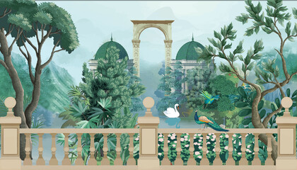 Mughal garden, dome illustration for wallpaper. Botanical tree landscape illustration and swan in a beautiful lake. © NoniGopal