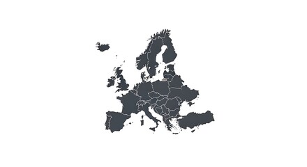 Obraz premium A dark gray outline of the European continent with detailed country borders on a white background