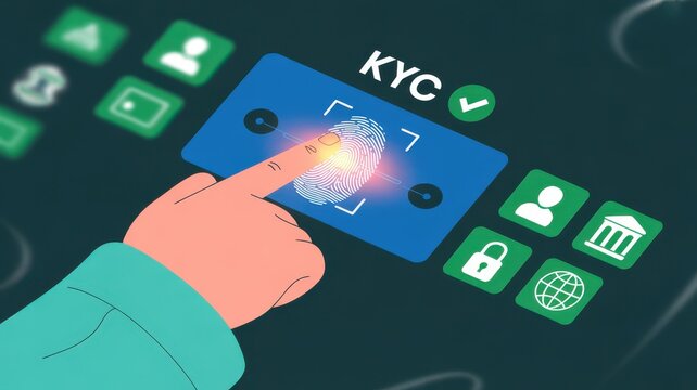 Cartoon hand performing KYC verification with fingerprint scanner