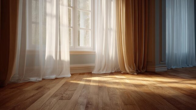 Empty room with a large window on the left side. the window is covered with sheer white curtains that are open, allowing natural light to enter the room.