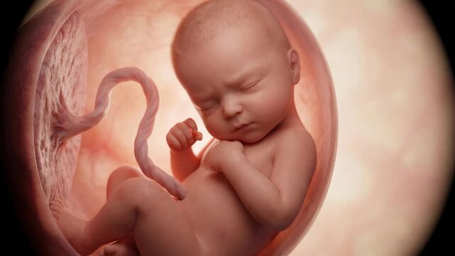 High quality 3D render of a human fetus in the womb with visible umbilical cord and placenta. Perfect for medical, pregnancy, and maternity healthcare visuals