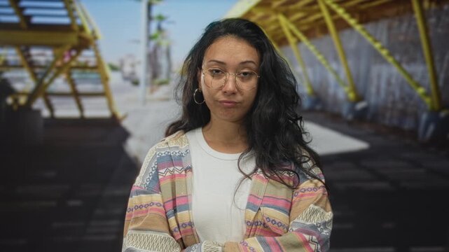 Young hispanic woman wearing glasses and patterned cardigan with arms crossed on urban street under yellow metal canopy; skepticism casual attitude.