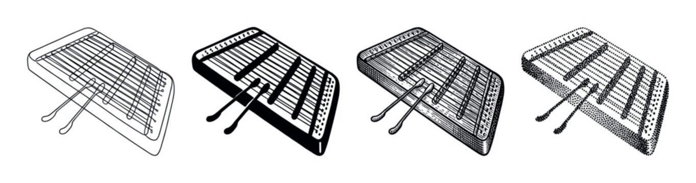 Hammered dulcimer musical instrument illustration set featuring four graphic styles including line art, silhouette, detailed engraving, and stippling for a vintage, hand-drawn feel