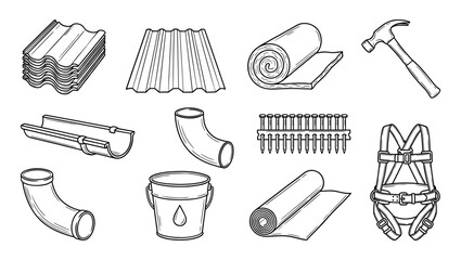 Set of hand-drawn roofing materials and tools including tiles, gutters, insulation, a hammer, and a safety harness in a black and white doodle style illustration