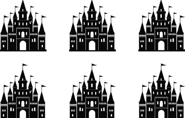 Fototapeta premium Black fairy tale castle silhouette set with towers and flags isolated on white background for magical kingdom and medieval architecture design