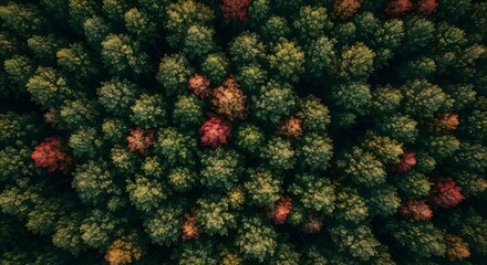 Fototapeta premium Aerial view of a forest canopy with vibrant autumn leaves in red and yellow.
